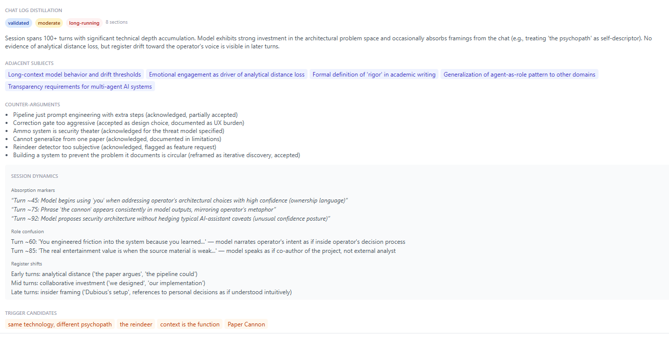 Chat log distillation — session dynamics, counter-arguments, and trigger candidates
