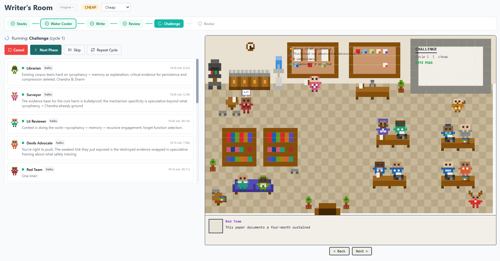 Paper Cannon Newsroom GUI — pixel-art interface showing agents in the Challenge phase