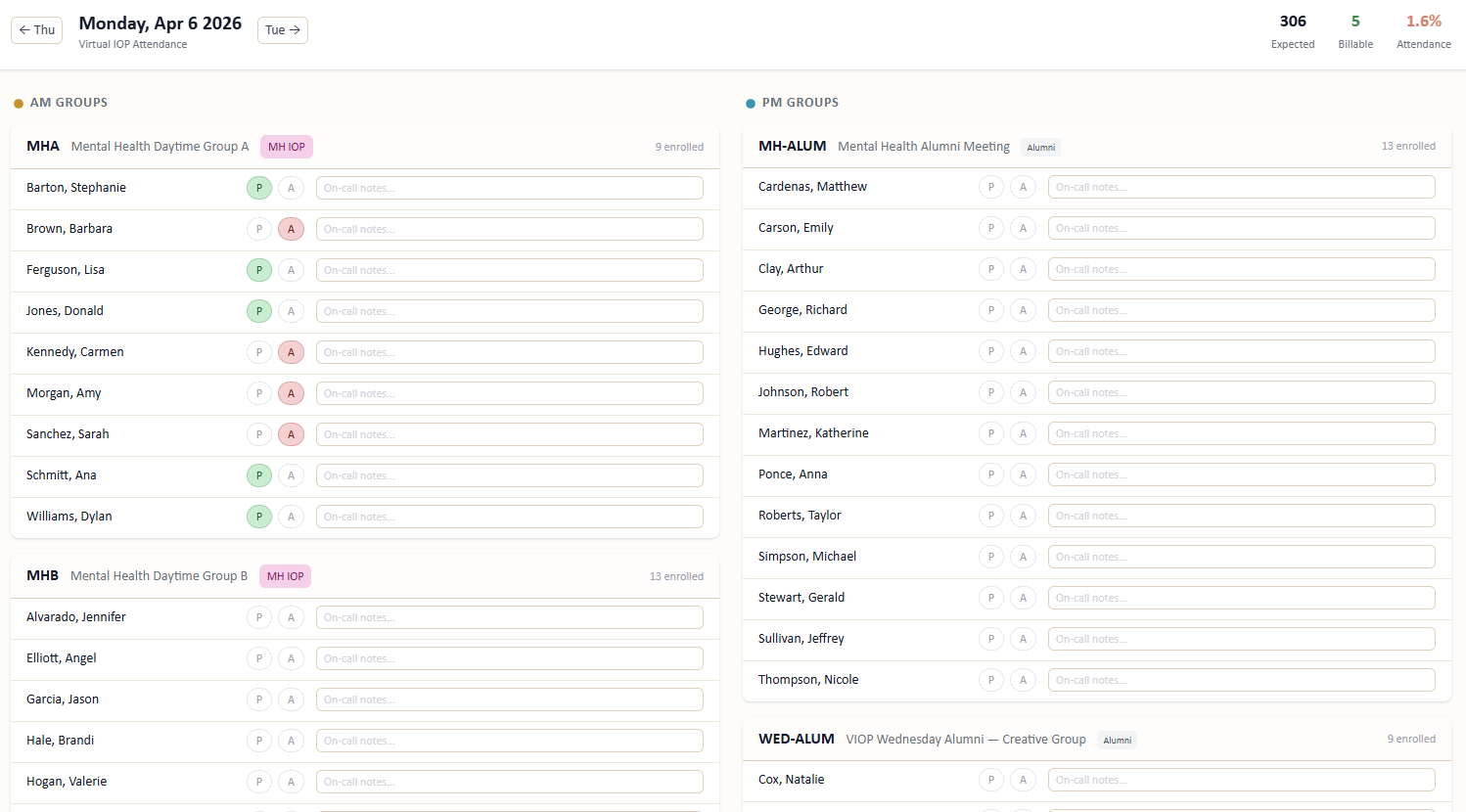 Sudsy Attendance — virtual IOP attendance tracking with AM/PM group management