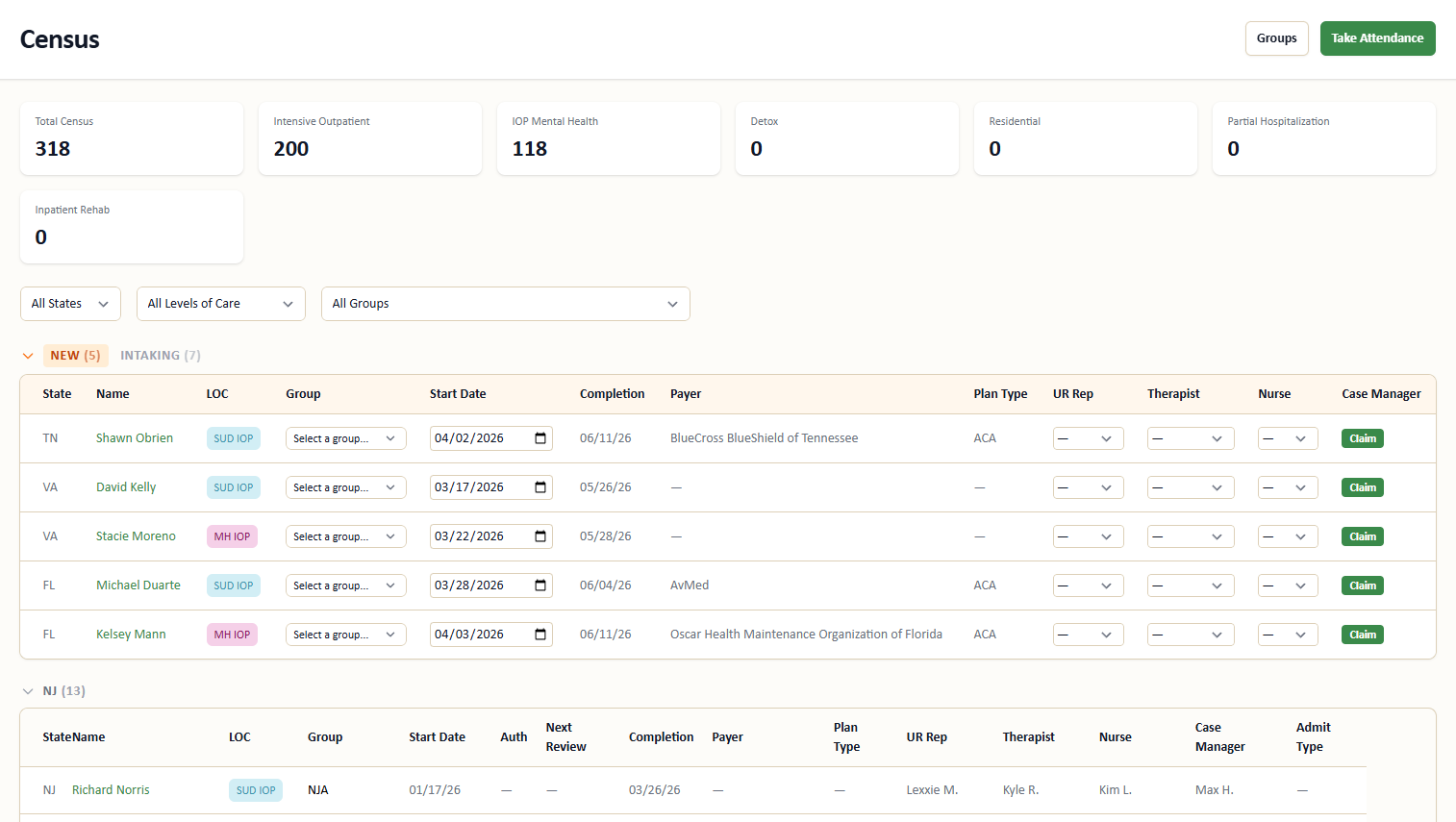 Sudsy Census — real-time patient census with filtering by state, level of care, and group